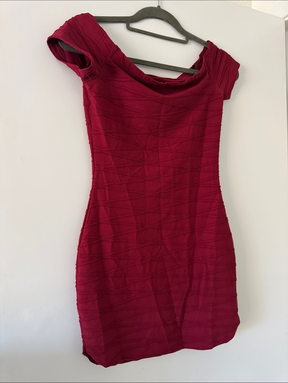 Windsor Deep Red Off-Shoulder Textured Mini Dress